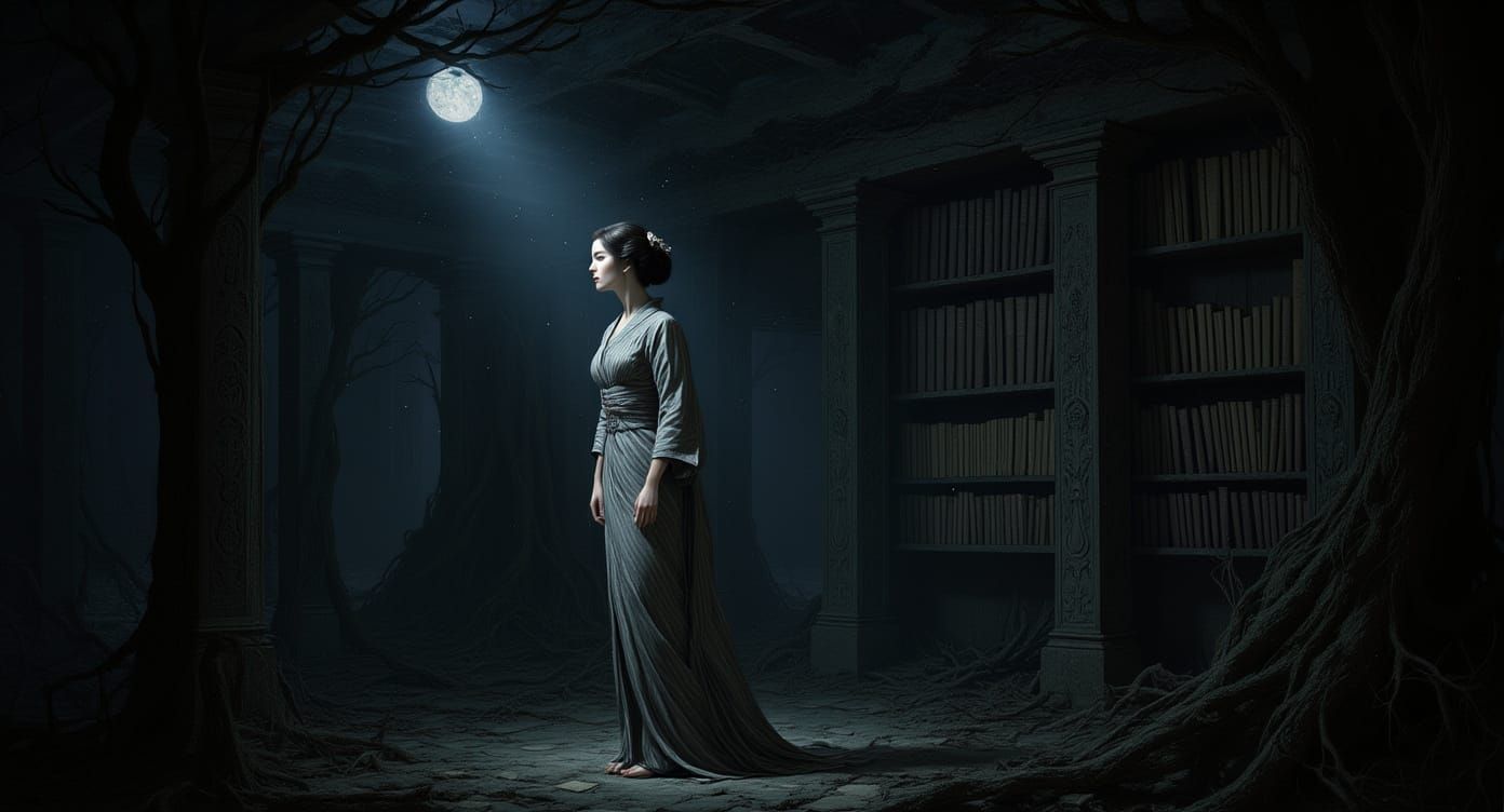 Geisha in Ruined Library, Dark Fantasy Impressionism