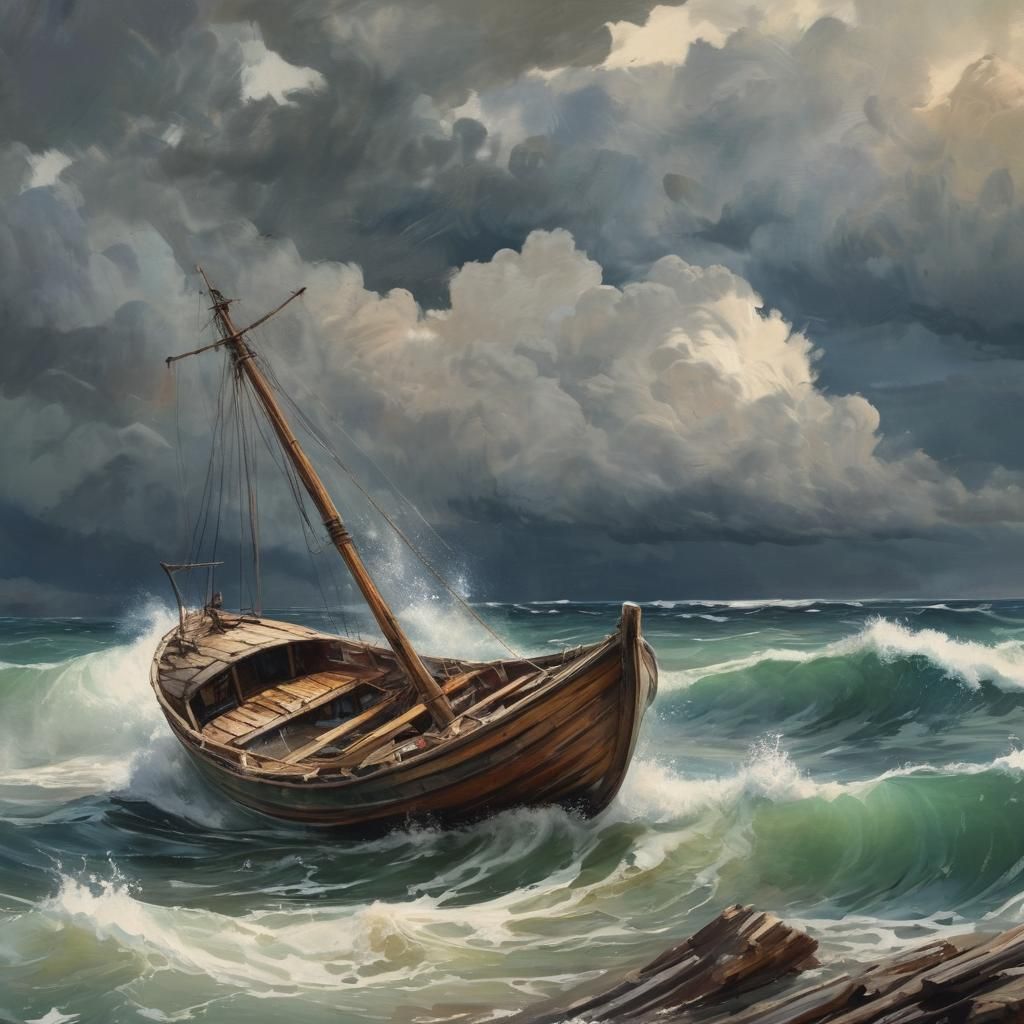 Vibrant Epic Stormy Seascape Masterpiece in Gouache Style
