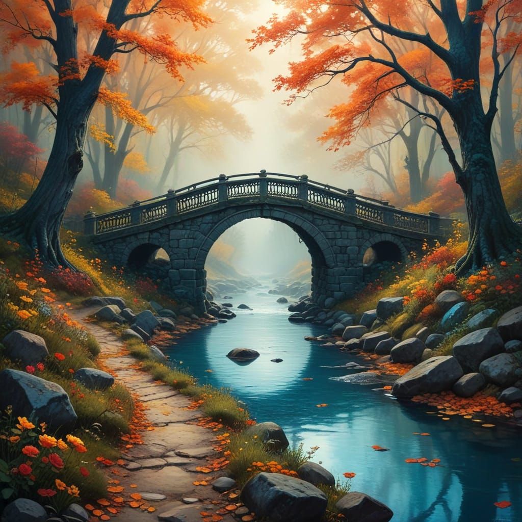 Autumn Bridge in a Whimsical Misty Forest