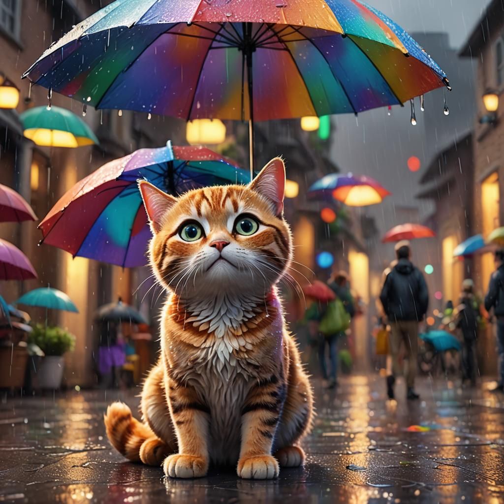 Cute Cat Gazing at Family with Umbrella: Pixar Style