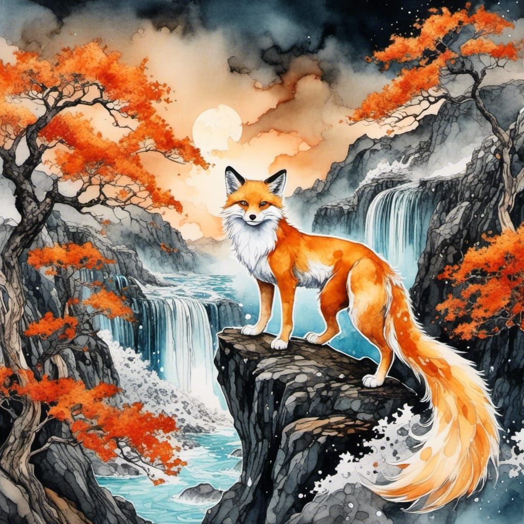 Magical Kitsune on Cliff, Water-Ink Color
