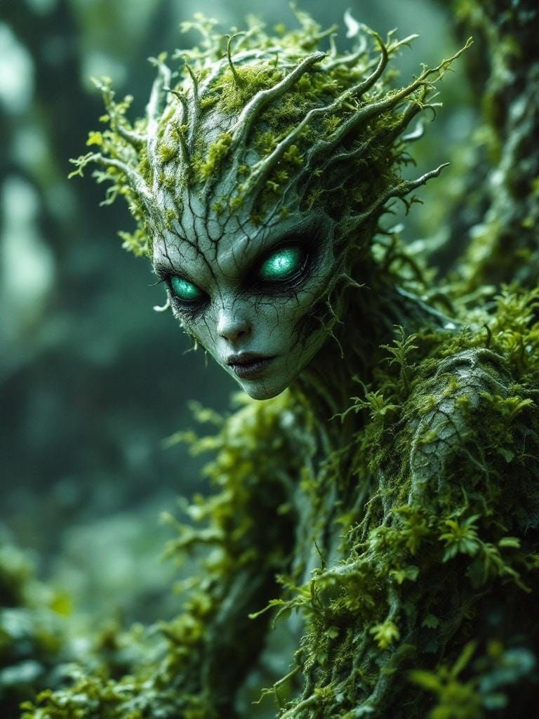 Ethereal Moss Fairy with Silver Veins in Dark Fantasy Style