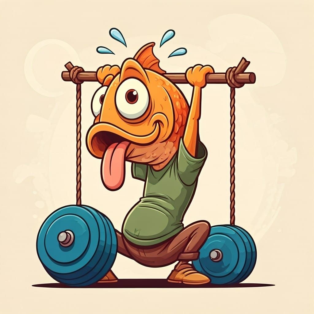Humorous Cartoon Fish in Fitness Frenzy