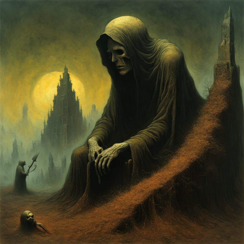 Macabre Gravedigger Scene in Dark Surrealist Art