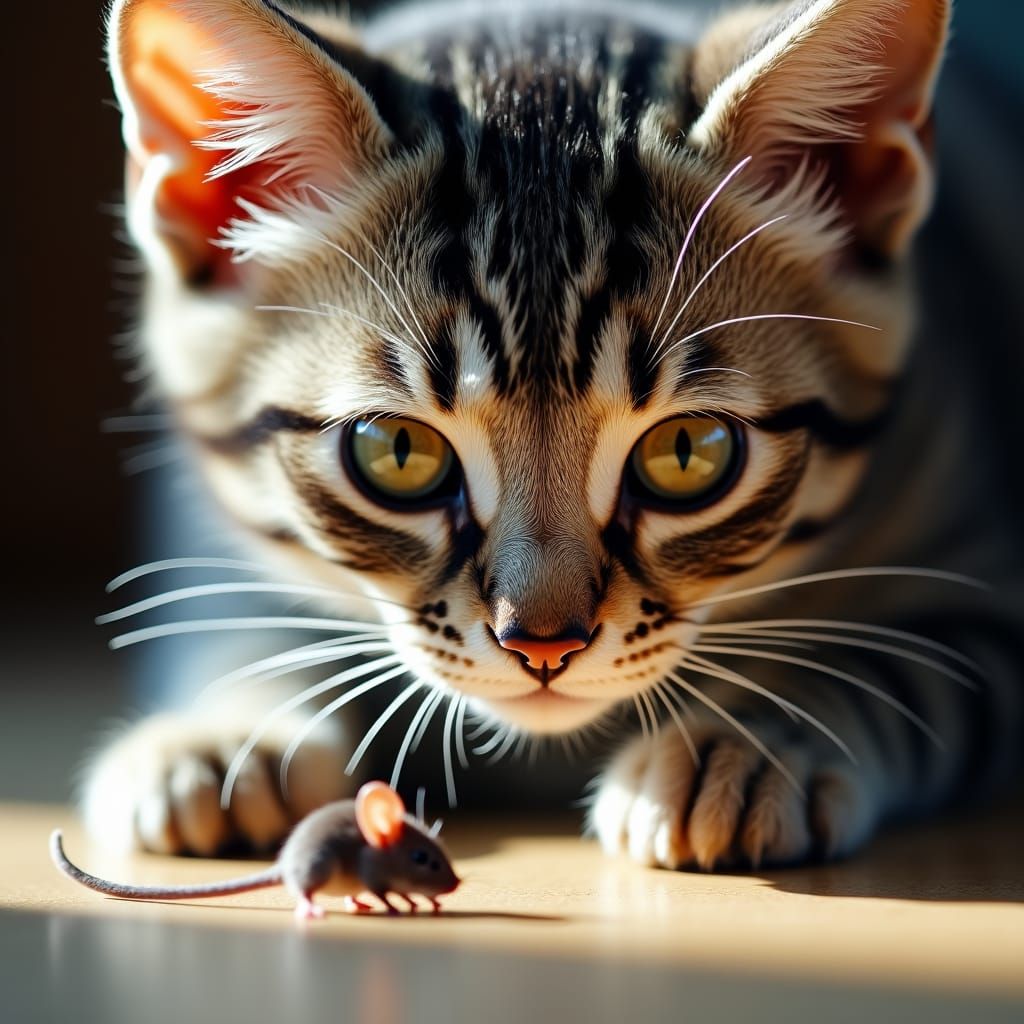 Gray Cat Hunting Mouse: Close-Up Portrait
