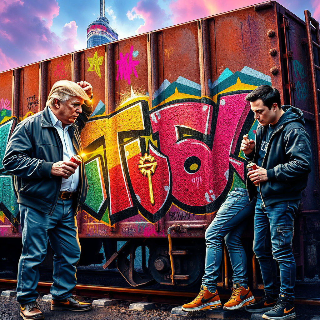 Trump, Musk, and Tates Graffiti Art in Hyperrealistic Style