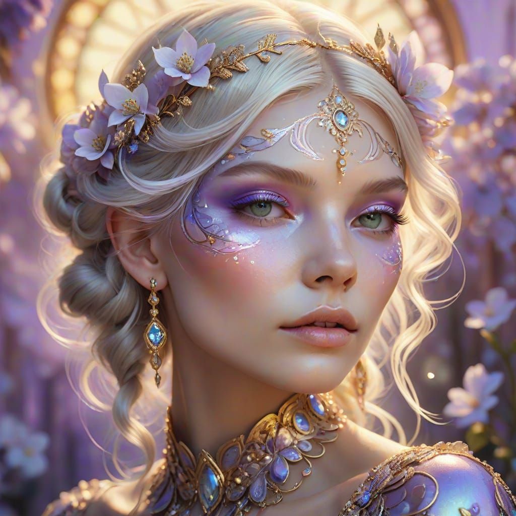 Hyper-Realistic Portrait of a Woman with Ornate Lilac Makeup