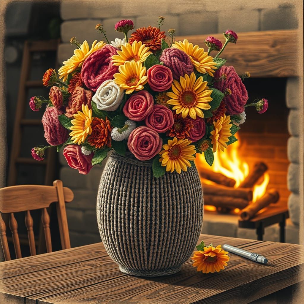Knitted Vase with Flowers in Charcoal Drawing Style
