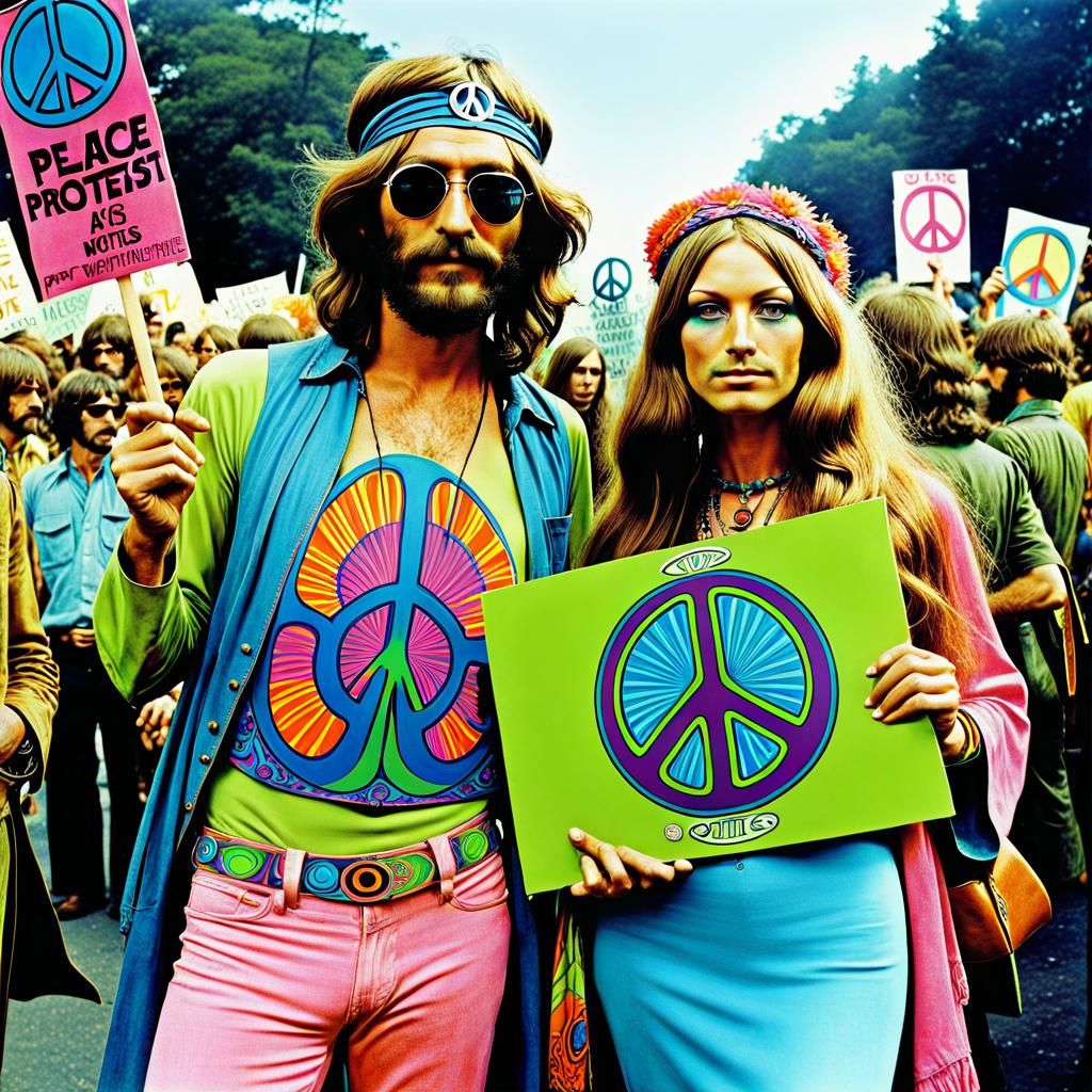 Psychedelic 1960s Anti-War Protest with Hippies