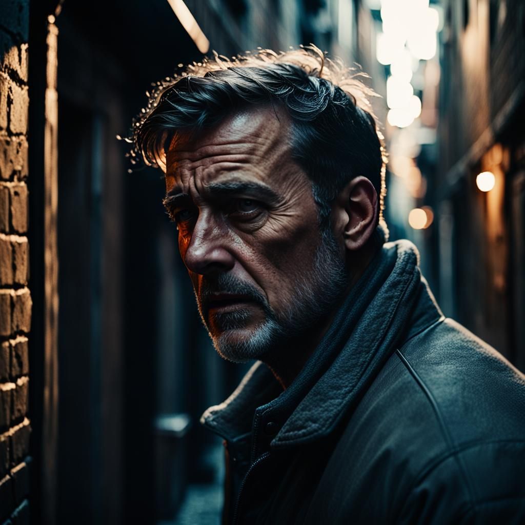 Cinematic Portrait of Man Hiding Pain in Alleyway