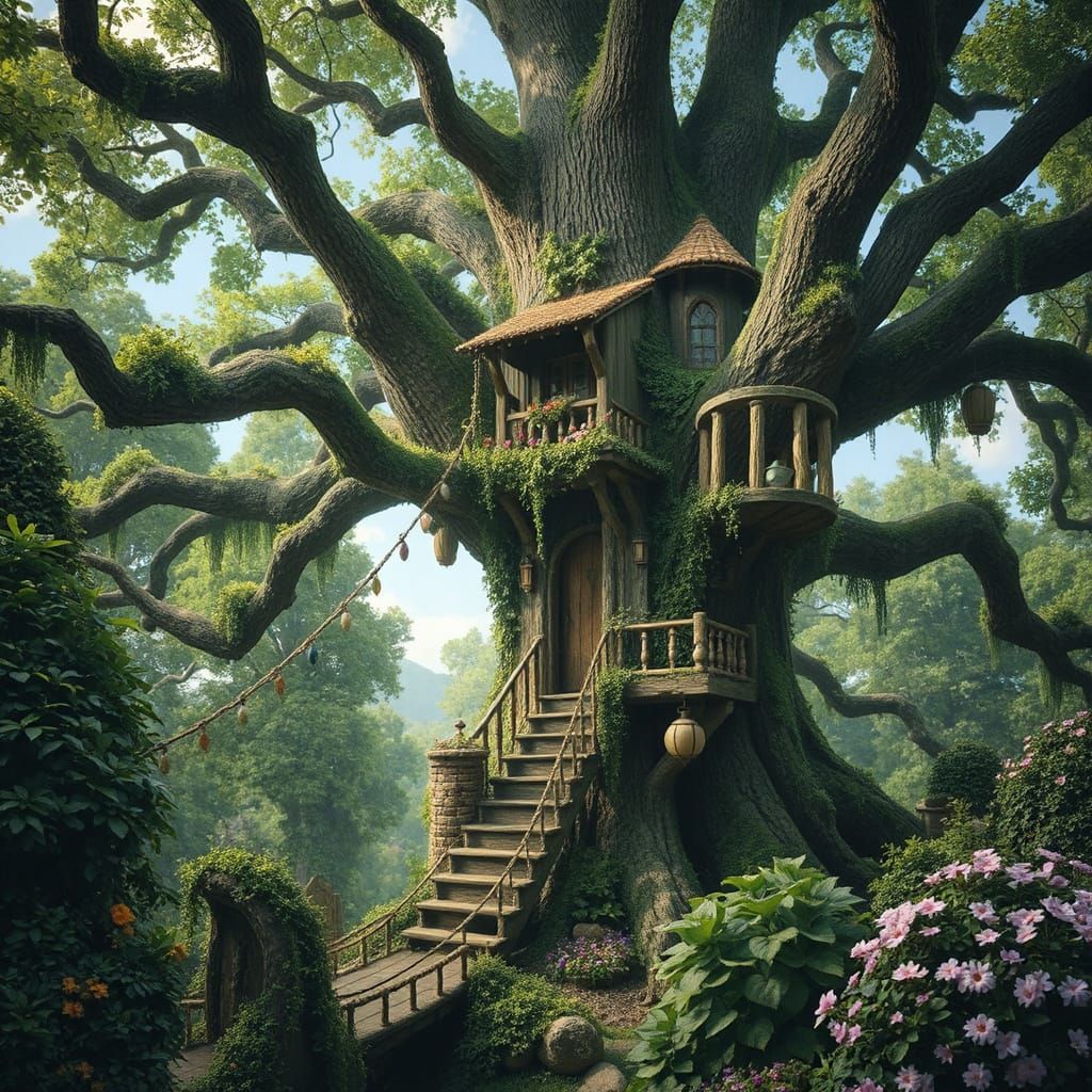 Whimsical Treehouse in Enchanted Oak Landscape