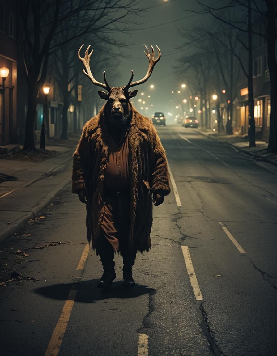 Antlered Man Wanders Haunted City Road at Night