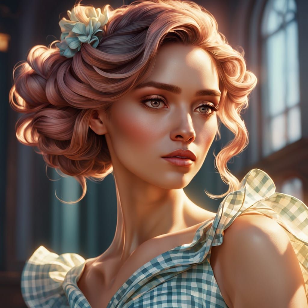 Girl in Elegant Gingham Ball Gown