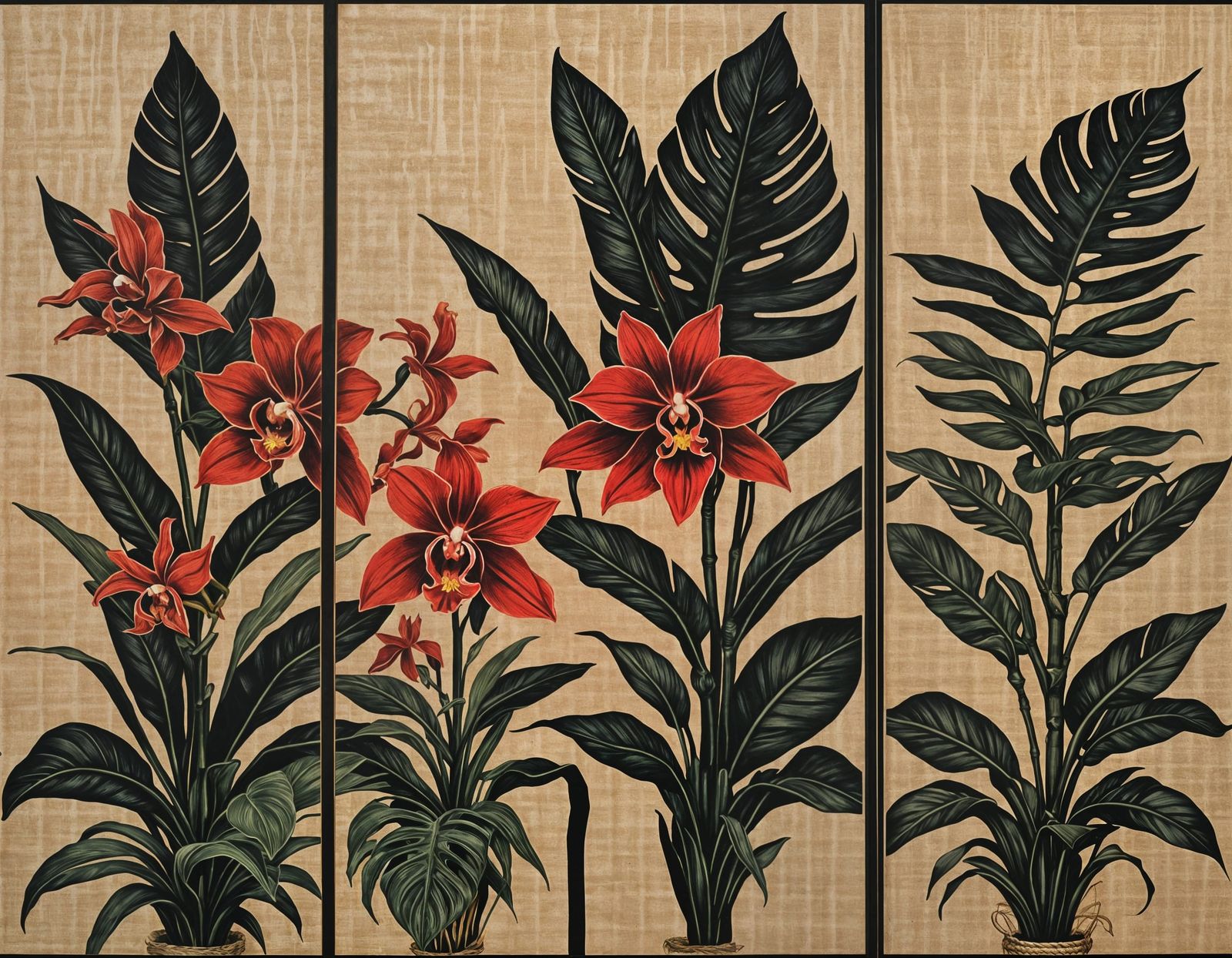 Orchids and Monstera Woodcut Print Triptych