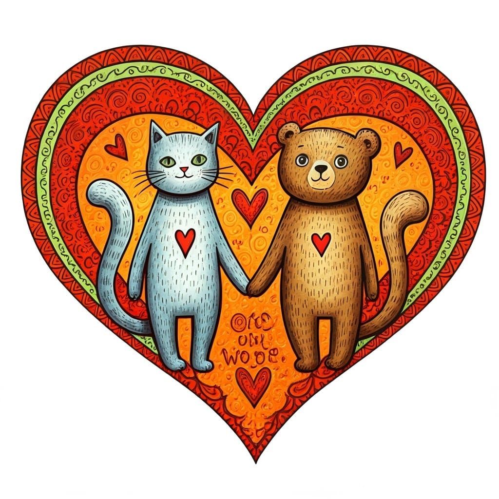 Whimsical Heart-Shaped Card with Playful Cats and Swirling P...