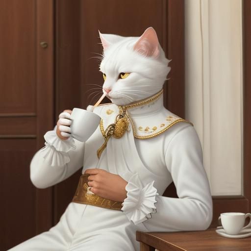 Prince White Cat Enjoys Coffee