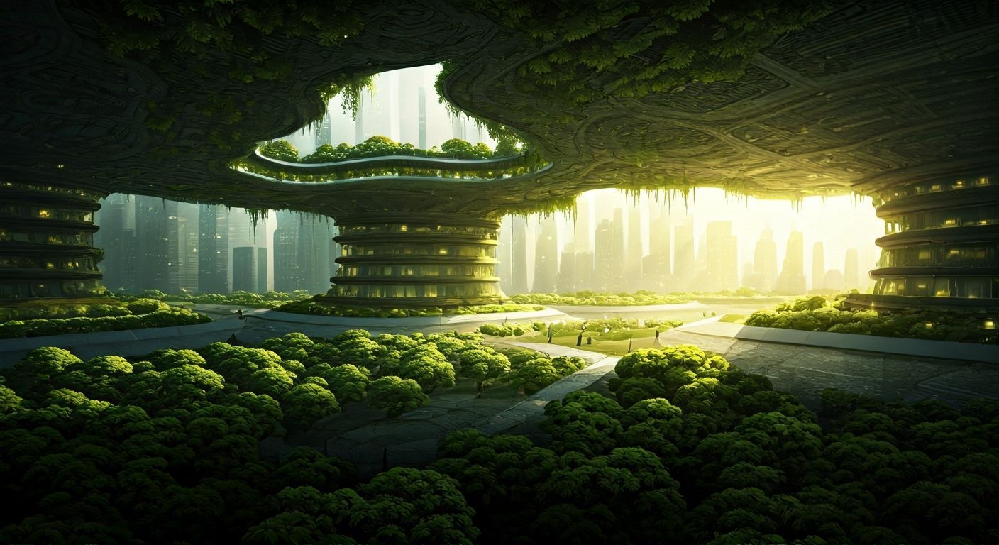 Futuristic Green Cityscape with Vertical Forest, Hyperrealis...