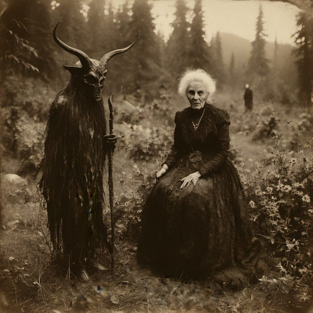 Macabre Old Woman with Hobbit-Devil, Vintage Photography