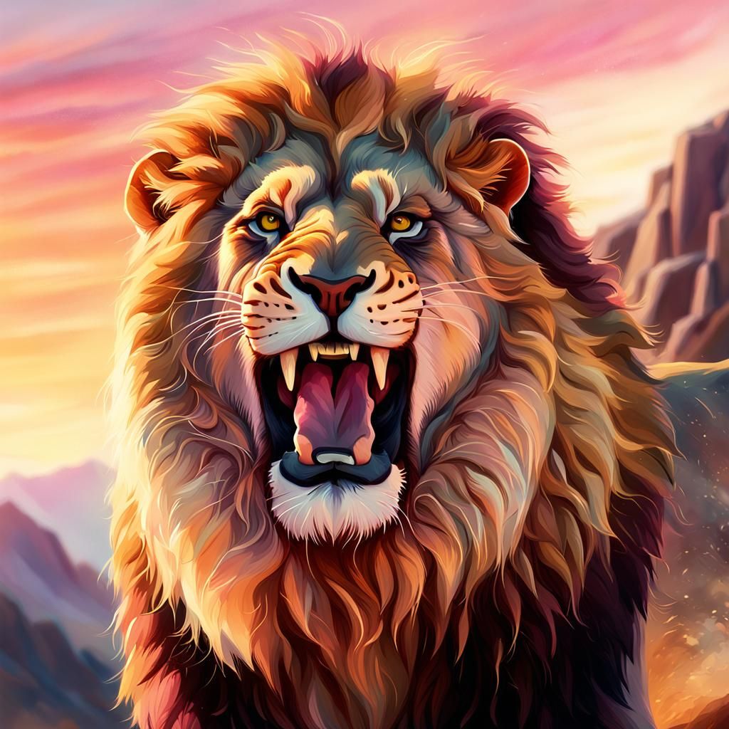 Lion Roaring at Sunrise in Watercolor Style