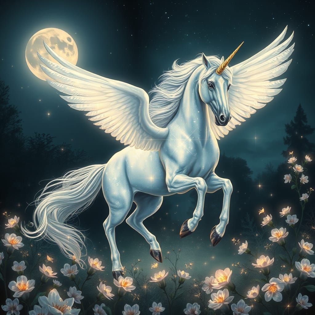Ethereal Seraphim Unicorn Emerges from Moonlit Glade in Rena...