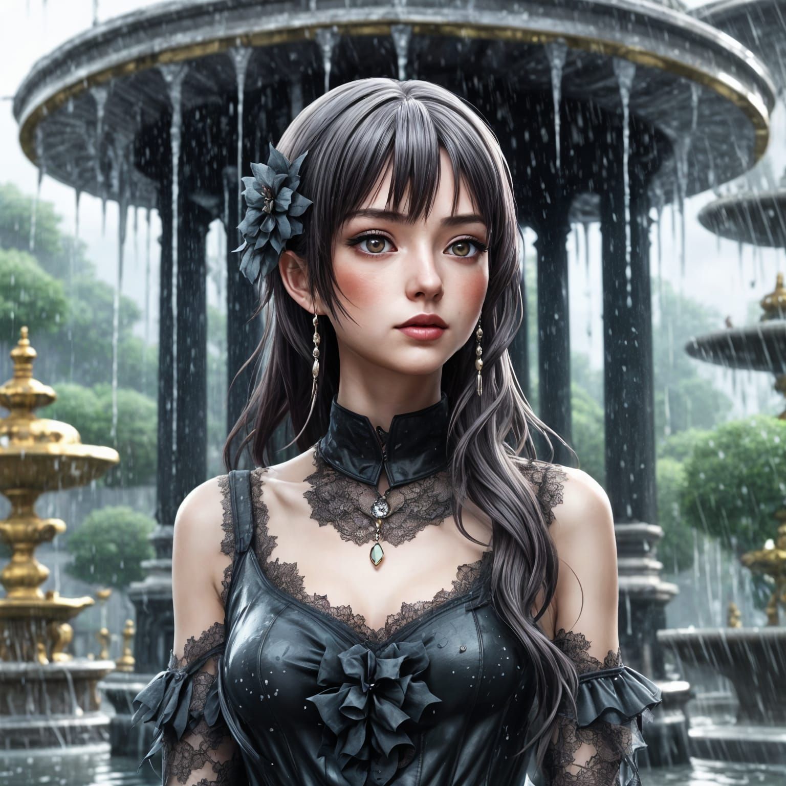 Anime Style Young Lady Before Fountain