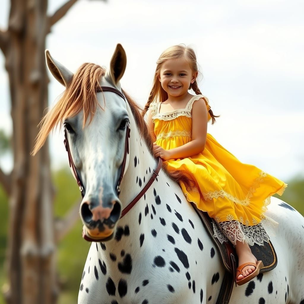 Girl on Dappled Horse in Dreamy Illustration Style