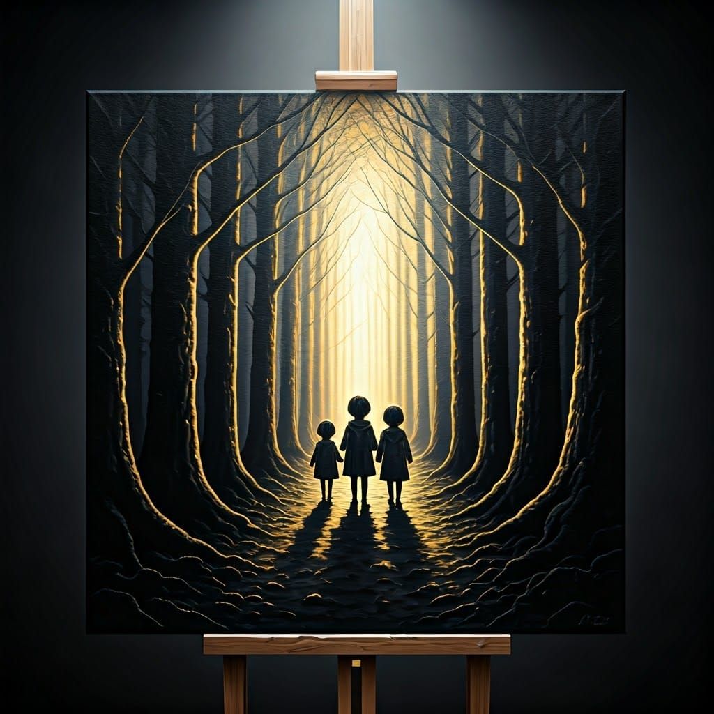 Children Lost in Dark Forest Painting with Golden Highlights