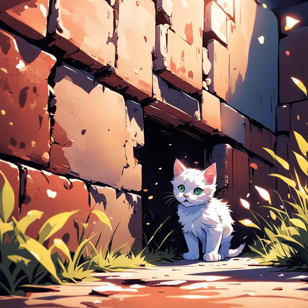 Kitten Peekaboo: Anime-Style Cel-Shaded Illustration