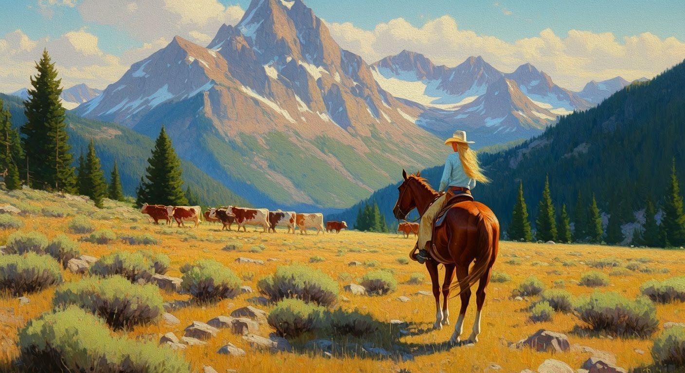 Cowgirl in the Sawtooth Mountains: An Impressionistic Oil Pa...