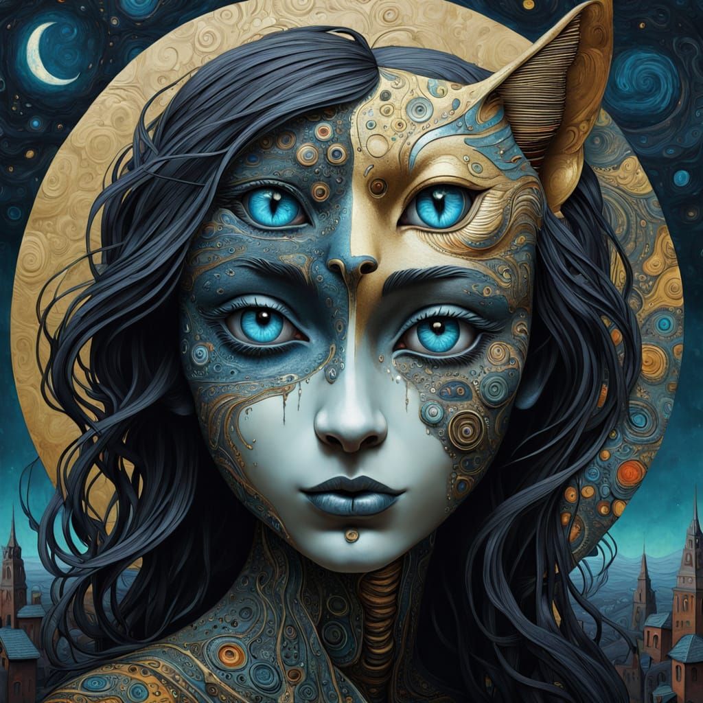 Surreal Decoupage Cat Face in Vibrant, Psychedelic Hues