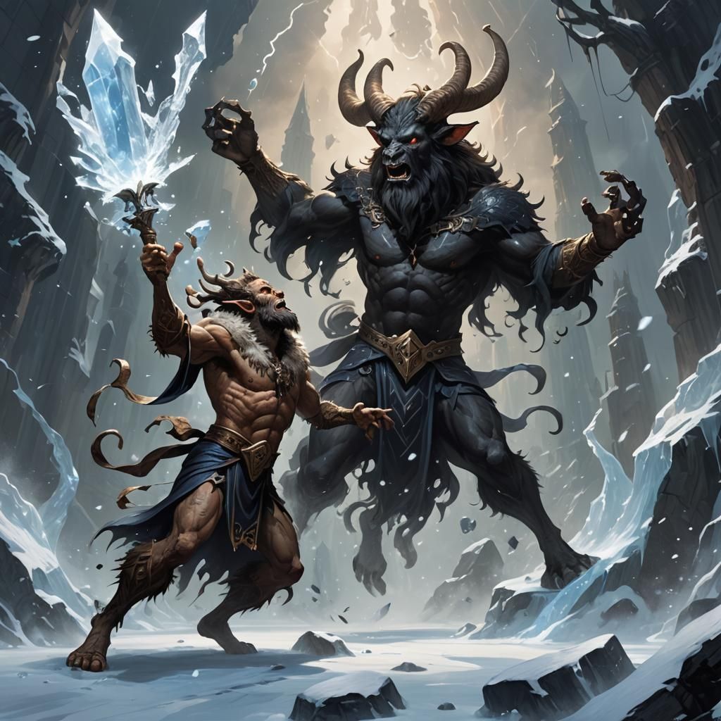 Satyr Wizard Casts Ice Spell at Void Creature