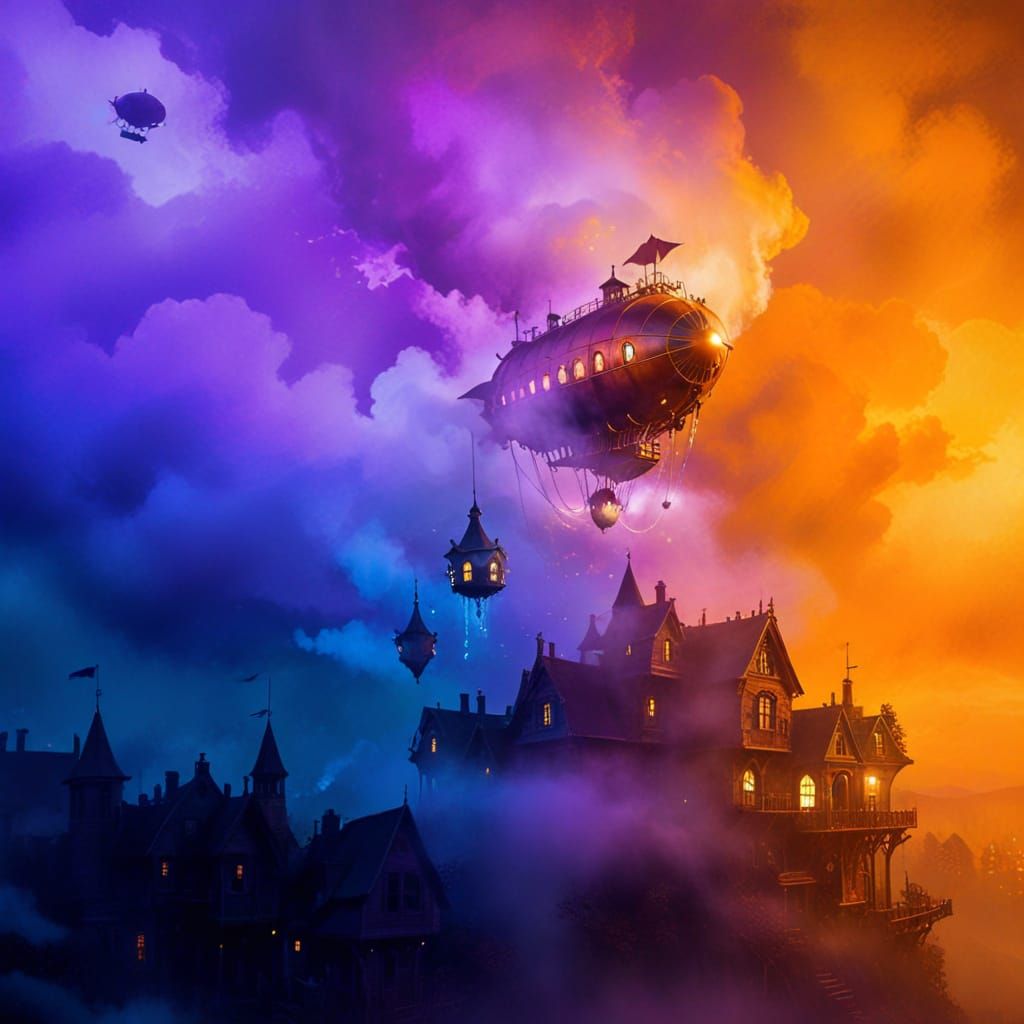 Steampunk Airship Soars Above Enchanted Village
