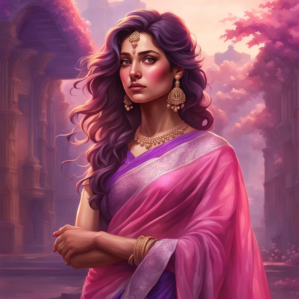 A women in pink and violet colour saree