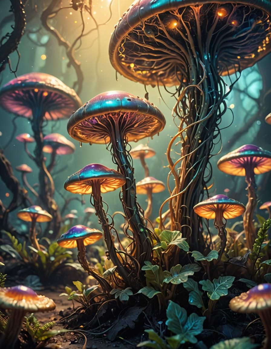 Sci-Fi Alien Plants with Bioluminescent Mushrooms
