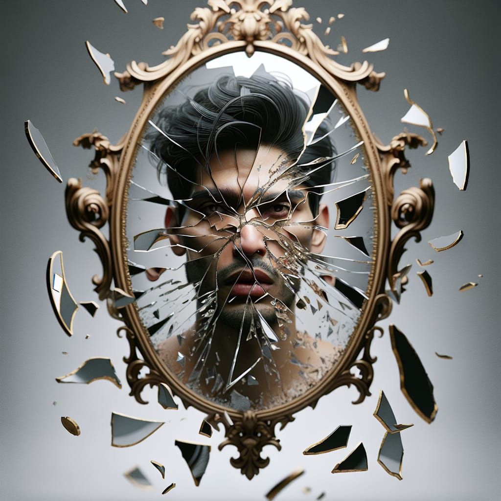 Shattered Mirror Reflects Man's Face in Hyperrealism