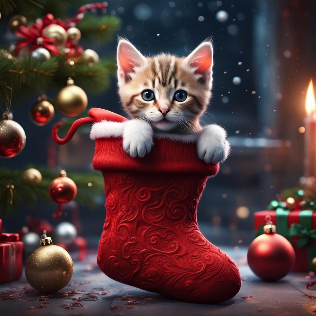 Kitten in Christmas Stocking: Detailed Matte Painting