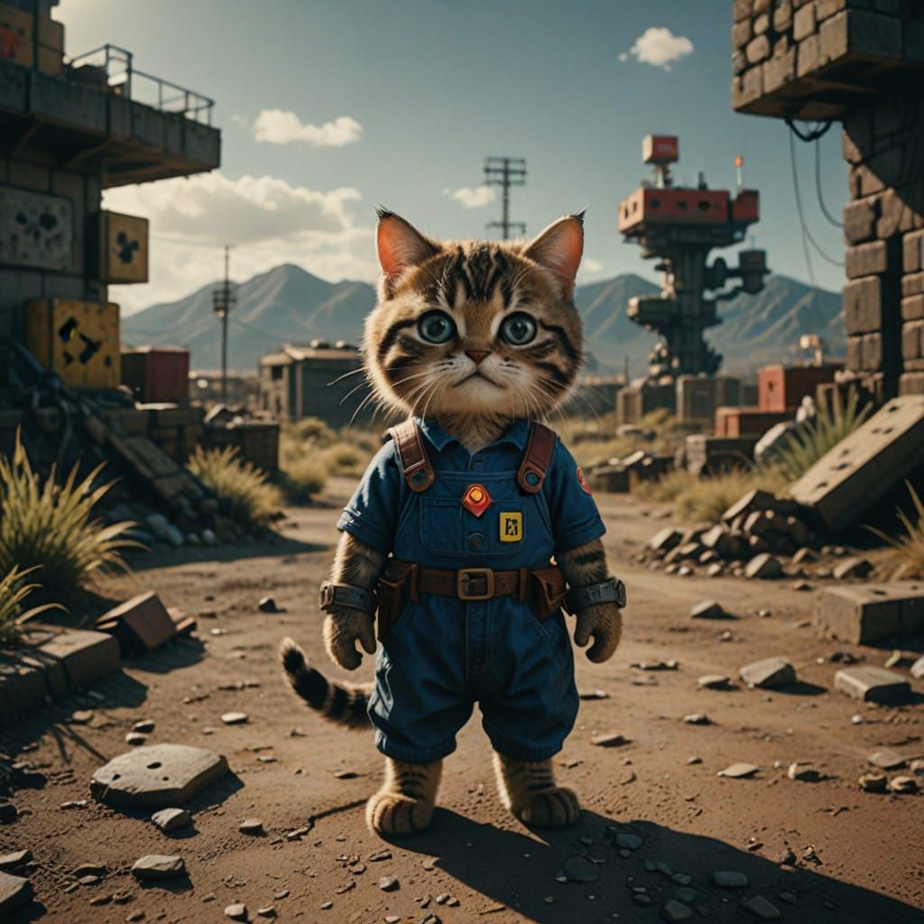Cinematic Photo of Cat in Mario Bros. Dress in Desert Wastel...
