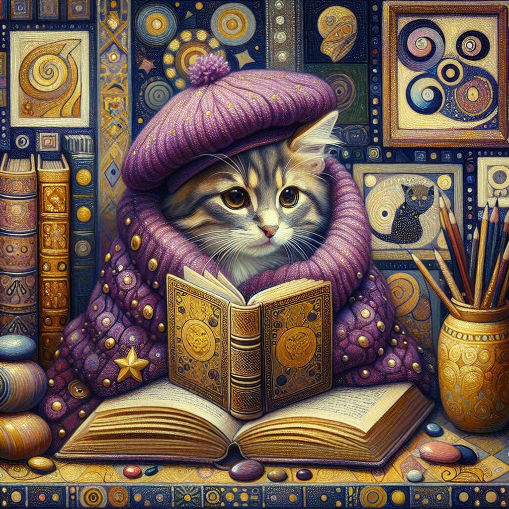 Kitten Reads Book in Klimt-Inspired Art Nouveau Style