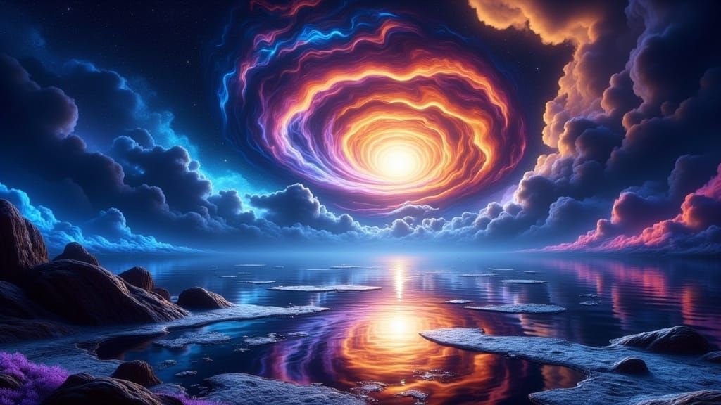 Iridescent Fractal Tornado Over Serene Lake