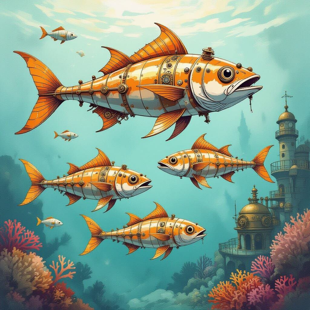Steampunk Barracudas in Watercolor Ocean Kingdom