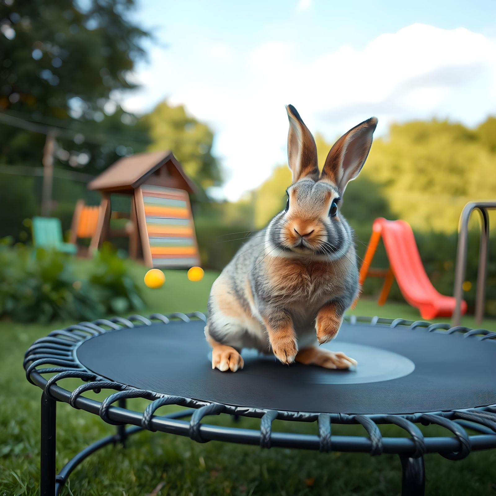 Adorable Rabbit on Trampoline in Playground