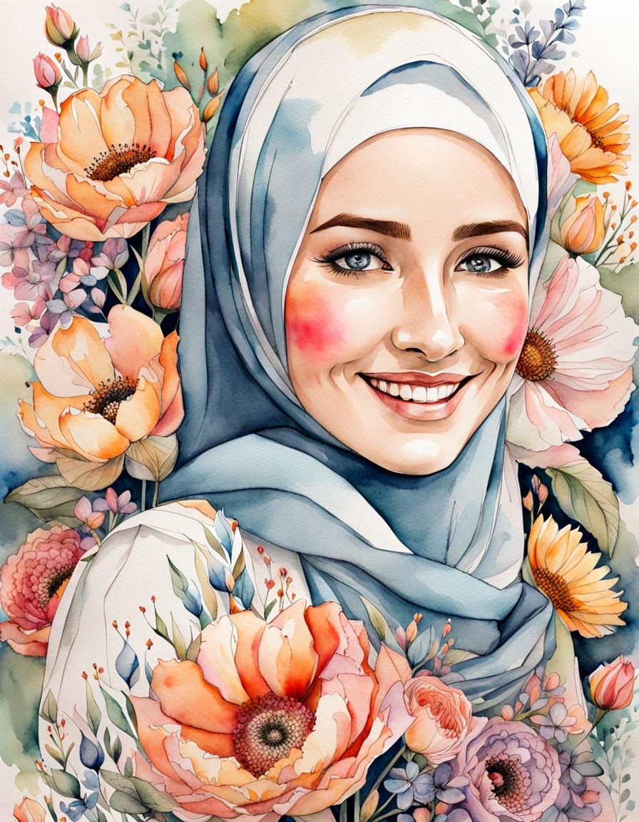 Cute German Woman in Hijab Surrounded by Flowers