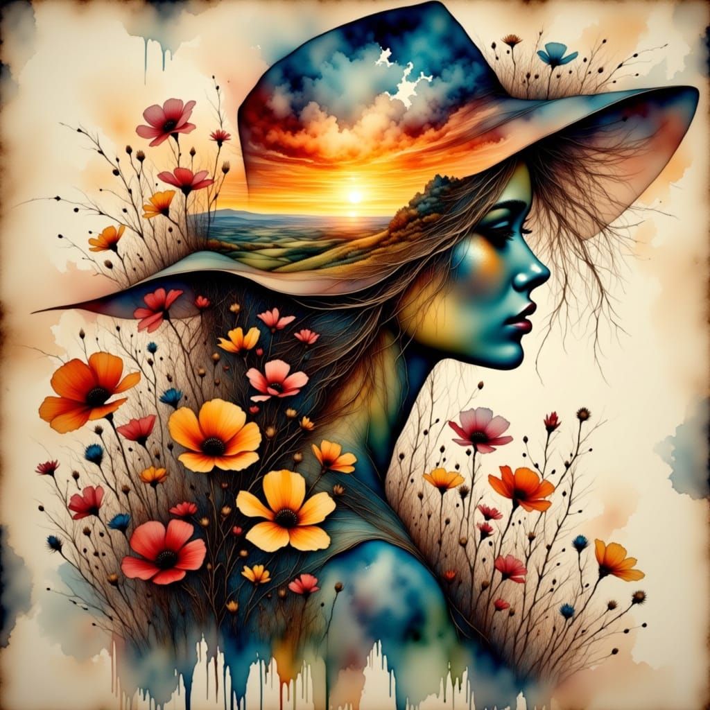 Whimsical Flower Girl in Sunset Landscape