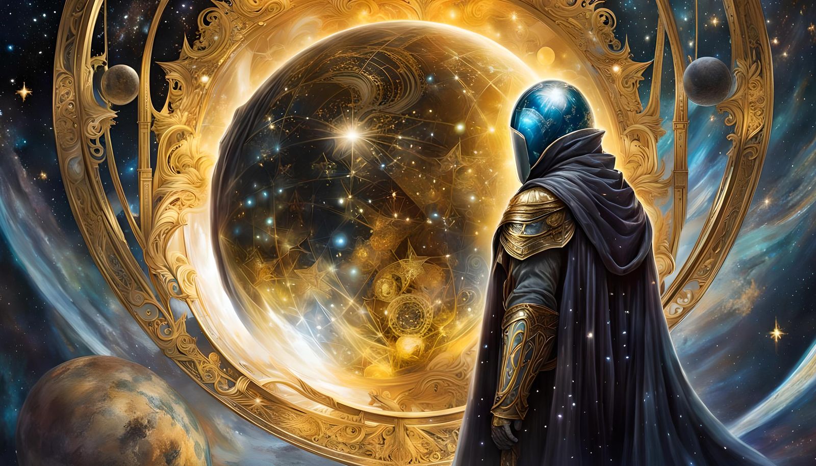 Mysterious Figure with Magic Sphere in Starry Cosmos