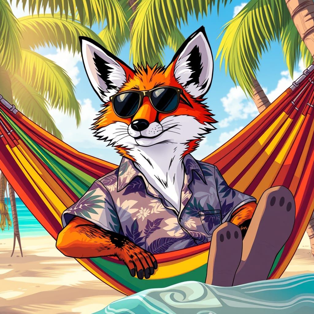 Fox Lounging on Beach in Digital Painting Style