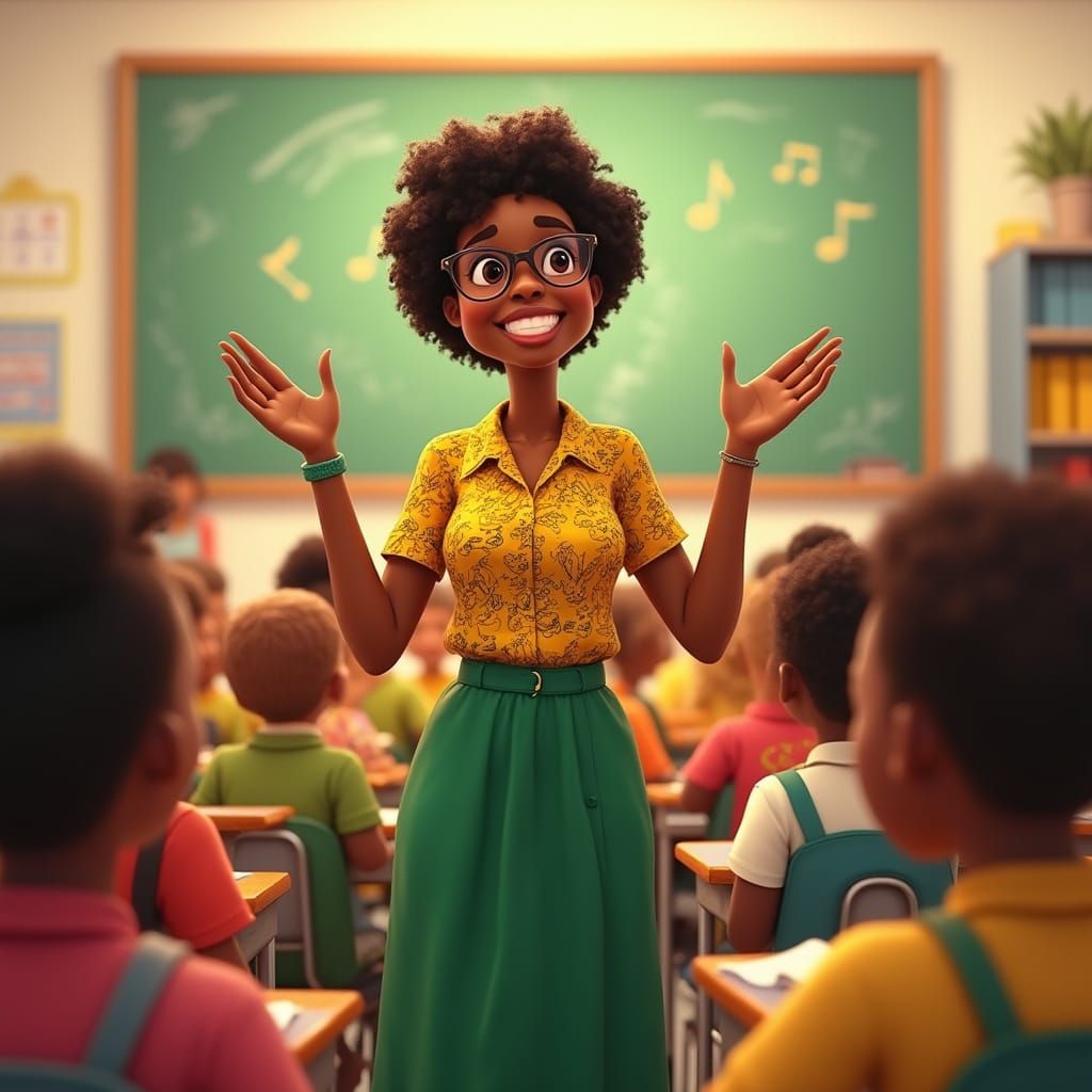 Cheerful Teacher Leading Song in Animated Style