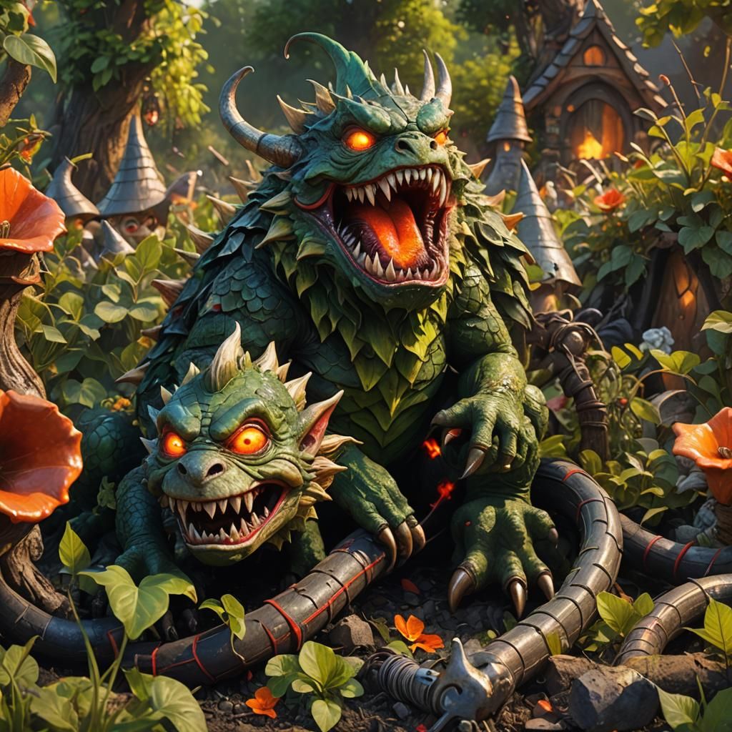 Monstrous Creature Rises from Suburban Lawn: Digital Art