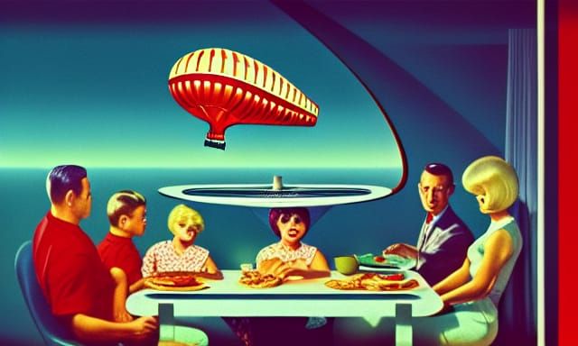 Retrofuturistic Blimp House: 1960s Sci-Fi Illustration