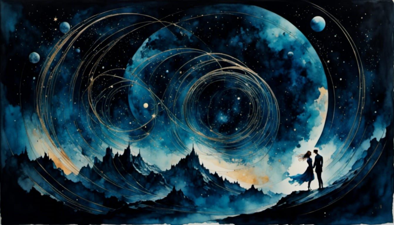 Romantic Couple Among Constellations in Watercolor Style