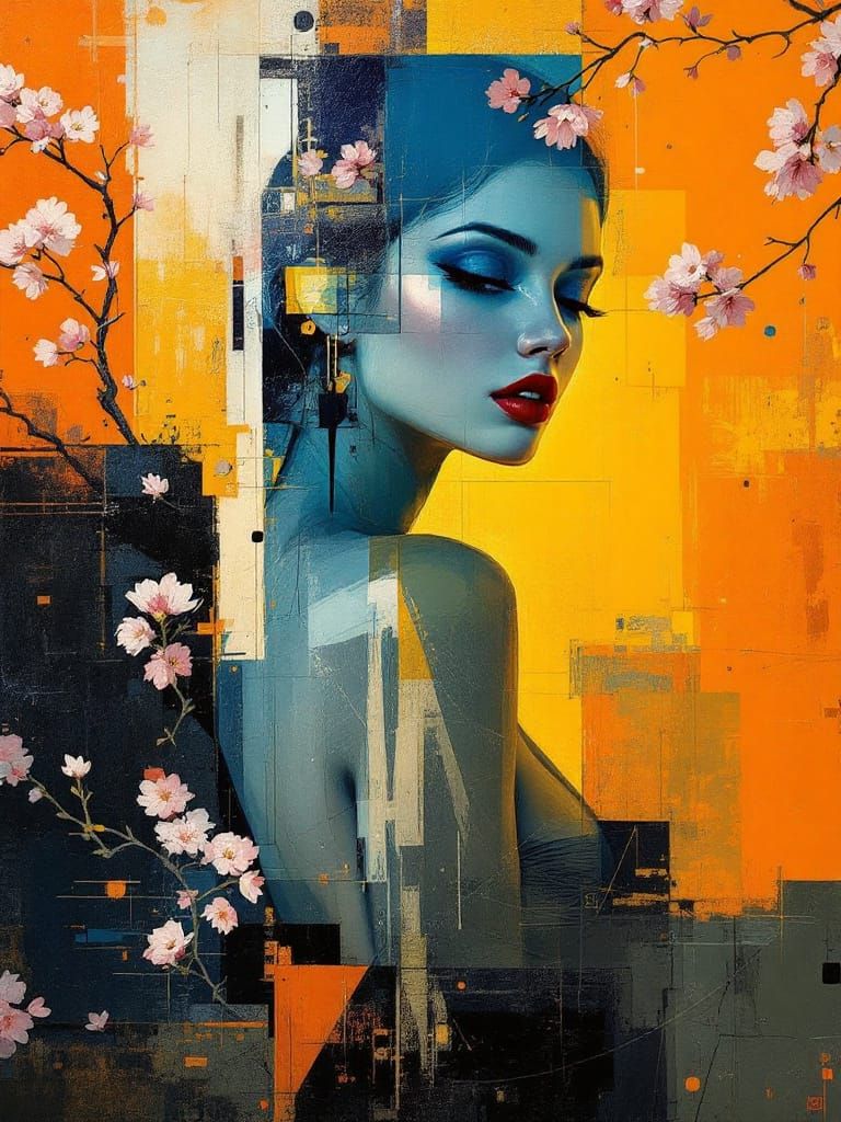 Abstract Pin-Up Fusion with Geometric Garden Scene